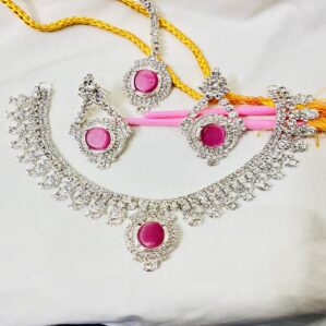 Silver pink Zircon Necklace Set with Earrings and Bindia