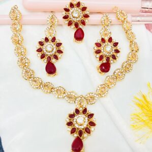 Red Pearl Golden Necklace Set with Earrings, and Teeka