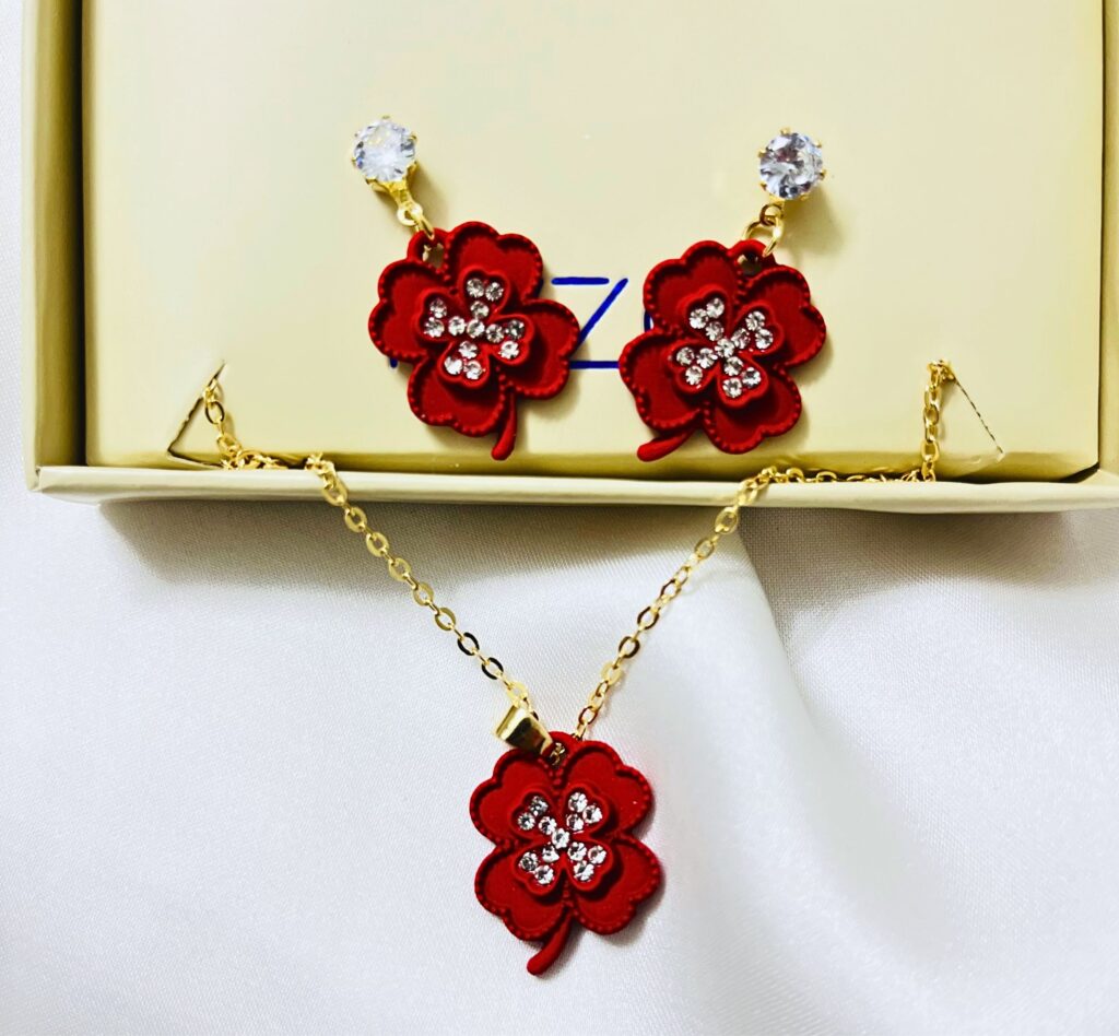 Beautiful Red Flower Chain with Earrings