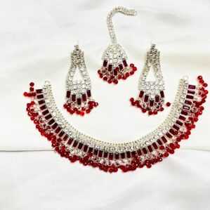 Red Wedding Necklace Set With Earrings and Tikka