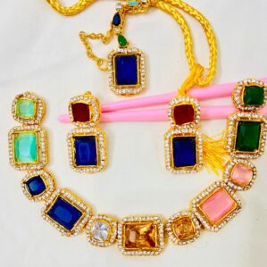 Elegant Multi Color Stone Necklace Set with Earrings and Tikka