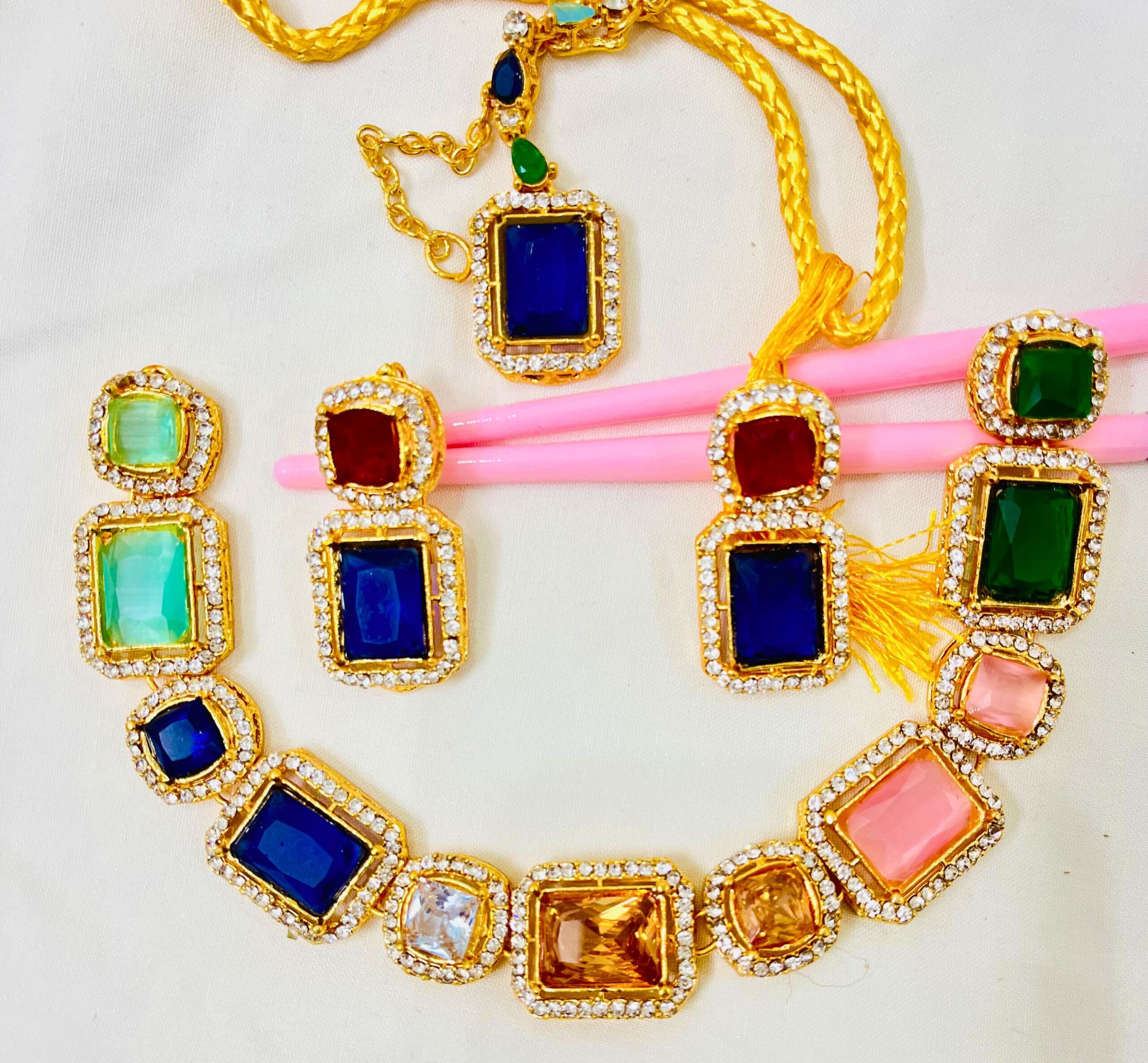 Elegant Multi Color Stone Necklace Set with Earrings and Tikka