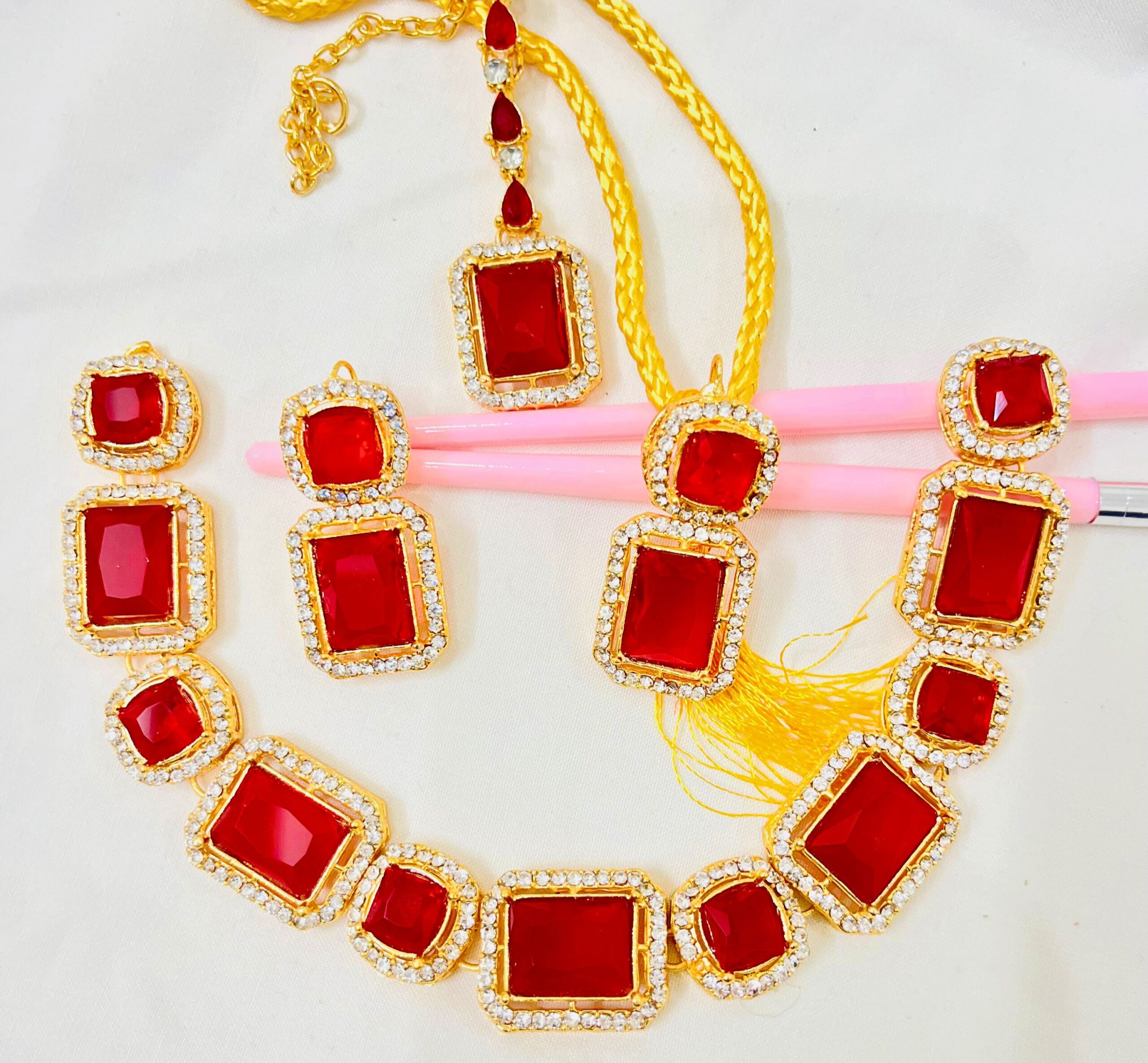 Elegant Multi Color Stone Necklace Set with Earrings and Tikka - Image 4